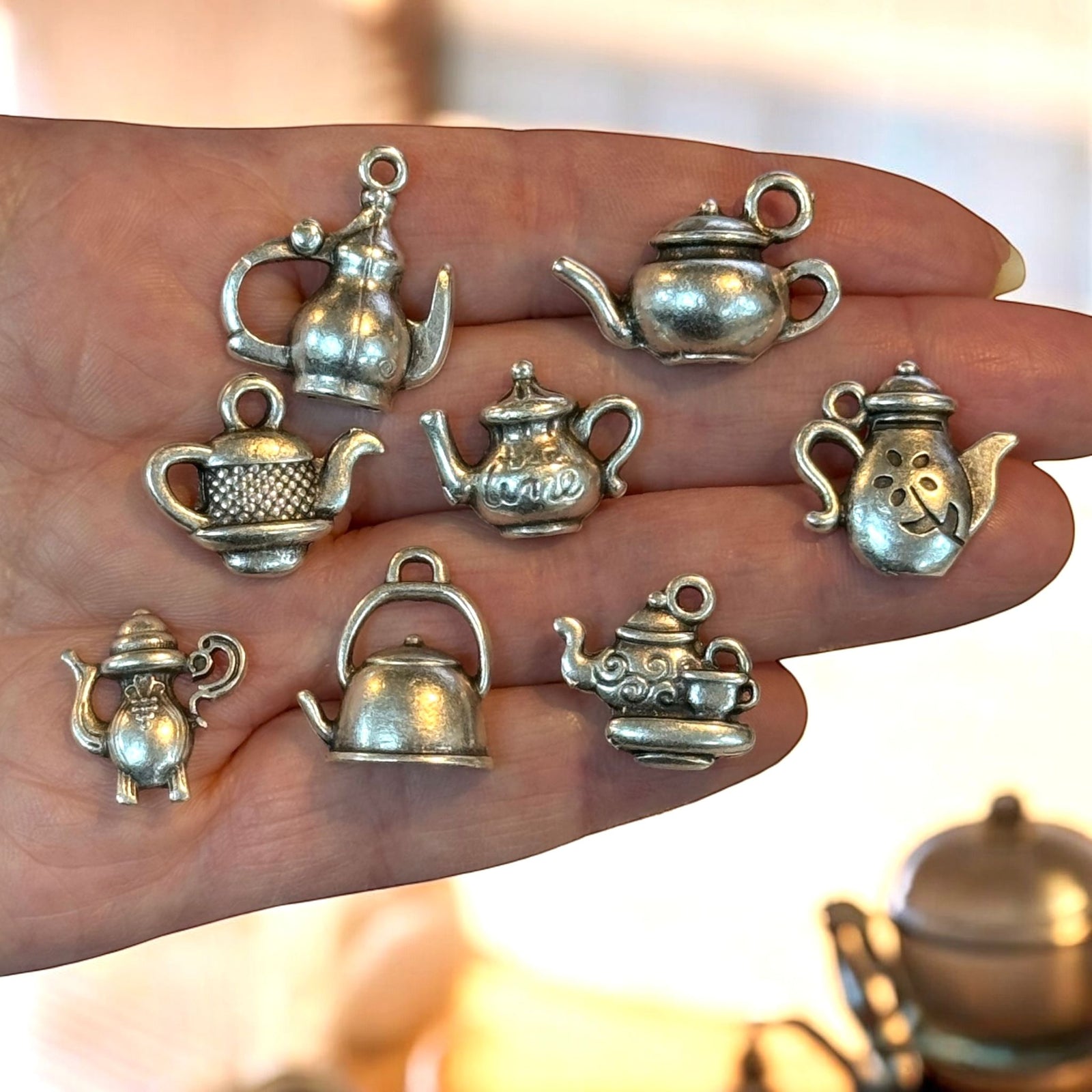Antique Silver Plated Tea Time Charms Collection, 8 Charms in a pack