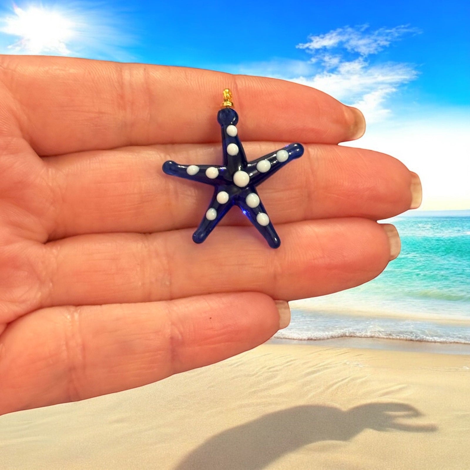 Hand Made Murano Glass Navy Starfish Charm with 24Kt Gold Plated Pin