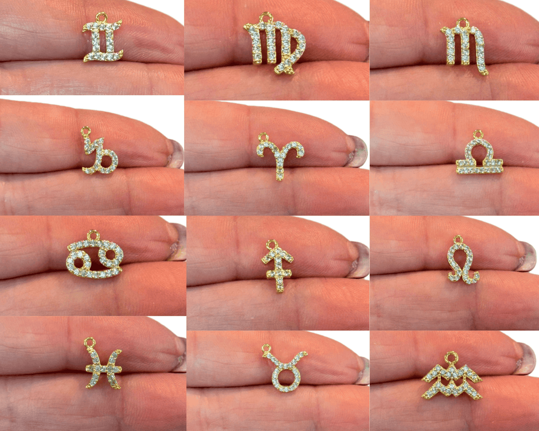 24Kt Gold Plated Brass CZ Zodiac Horoscope Sign, Constellation Medallion Pendant, Celestial Astrology Charm for Necklace Jewelry Making