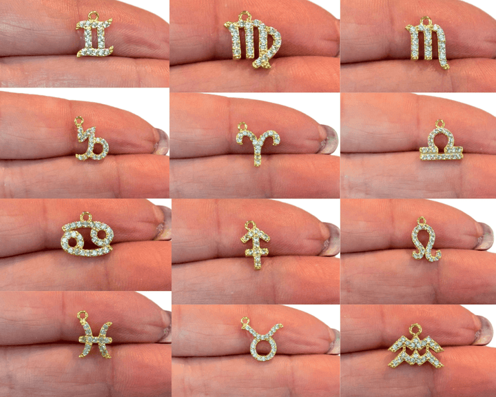 24Kt Gold Plated Brass CZ Zodiac Horoscope Sign, Constellation Medallion Pendant, Celestial Astrology Charm for Necklace Jewelry Making