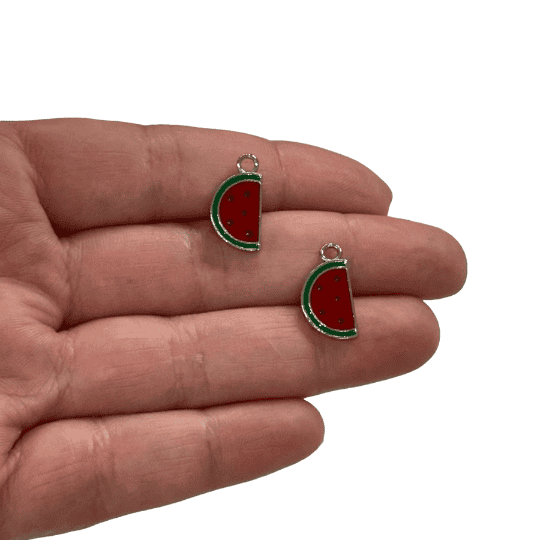 Rhodium Plated Enamelled Watermelon Charms, 2 pcs in a pack