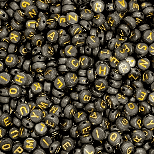 Acrylic flat round black with gold letters beads for jewellery making,500 pcs pack