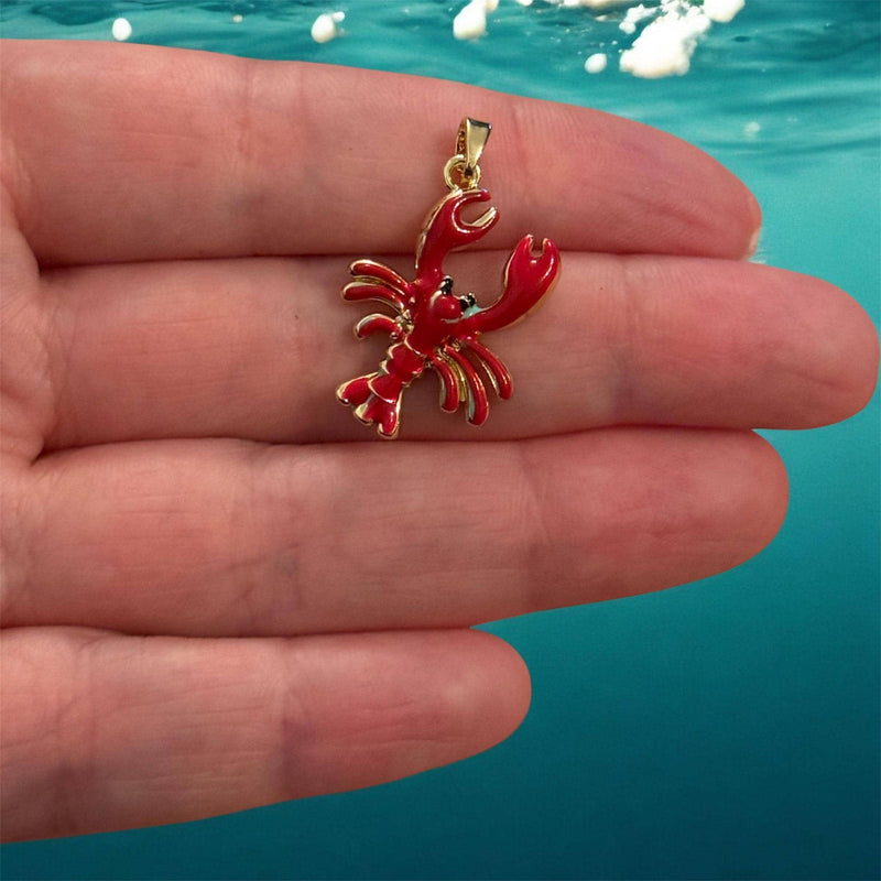 Gold Red Enamel Lobster Charm Pendant