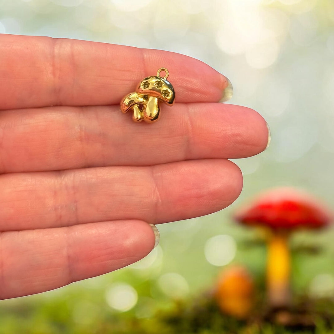 Waterproof Stainless Steel 24Kt Gold Plated 3D Mushroom Charm with CZ – Double Sided