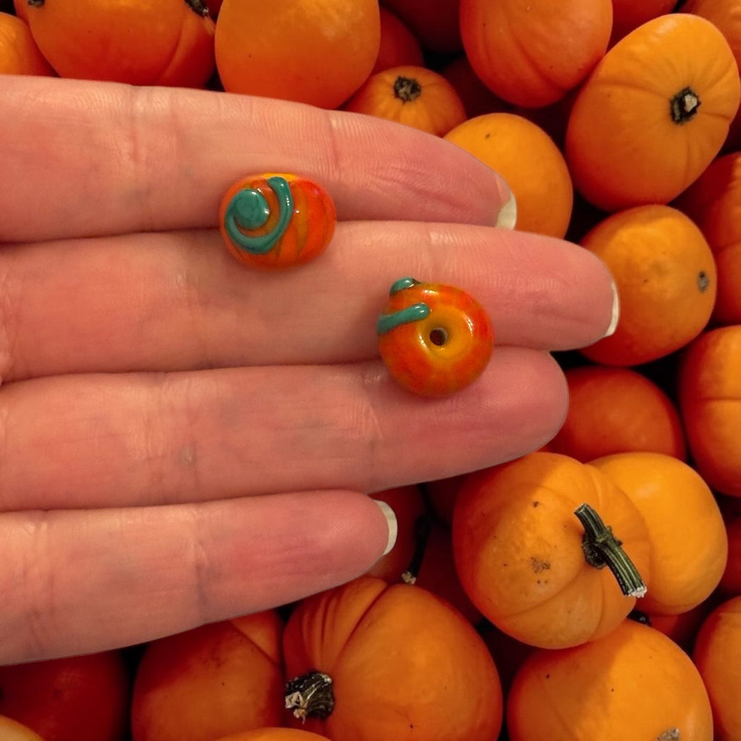 Halloween Pumpkin Handmade Murano Glass Bead – Orange &amp; Green,