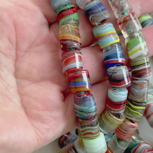 Traditional Turkish Artisan Handmade Cylinder Glass Beads, Large Hole Glass Beads, 10 Beads in a pack