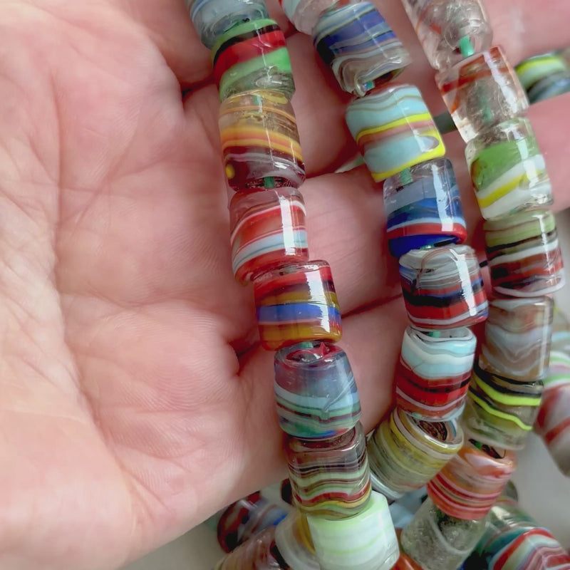 Traditional Turkish Artisan Handmade Cylinder Glass Beads, Large Hole Glass Beads, 10 Beads in a pack