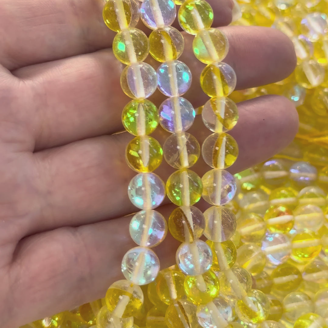 Aurora Borealis Yellow Mermaid Beads – Iridescent Hydrothermal Quartz Round Beads 8mm, Approx 47 Beads per Strand