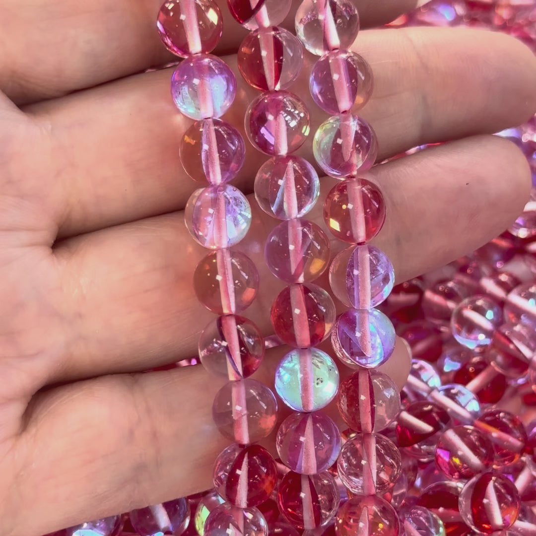 Aurora Borealis Red Mermaid Beads – Iridescent Hydrothermal Quartz Round Beads 8mm, Approx 47 Beads per Strand