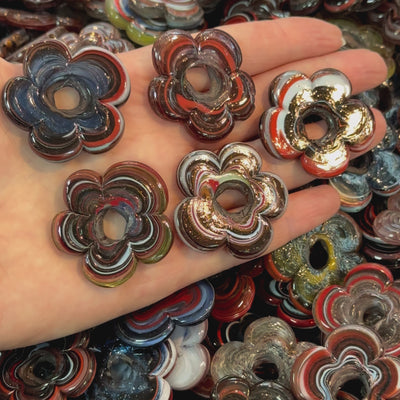 Artisan Handmade Chunky Marbled Glass Flower Beads, Size Between 35 - 40mm, 5 pcs in a pack