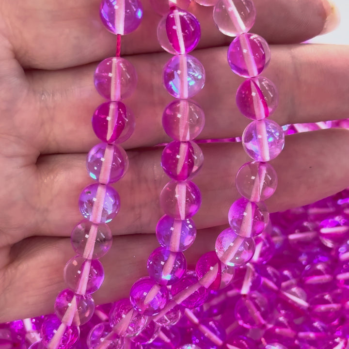 Aurora Borealis Fuchsia Mermaid Beads – Iridescent Hydrothermal Quartz Round Beads 8mm, Approx 47 Beads per Strand