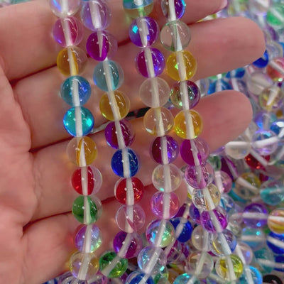 Aurora Borealis Rainbow Mermaid Beads – Iridescent Round Glass Beads 8mm, 47 Beads per Strand