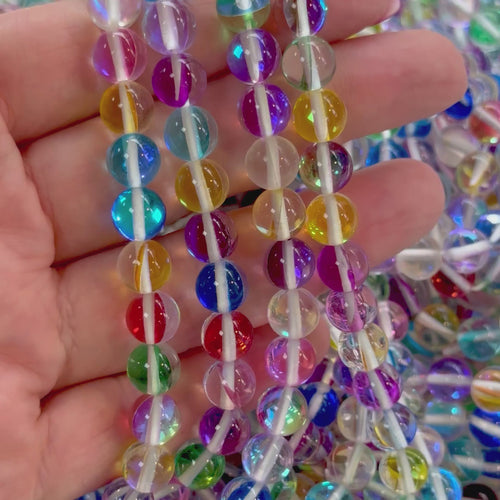 Aurora Borealis Rainbow Mermaid Beads – Iridescent Round Glass Beads 8mm, 47 Beads per Strand