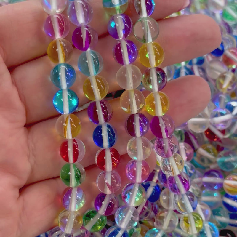 Aurora Borealis Rainbow Mermaid Beads – Iridescent Round Glass Beads 8mm, 47 Beads per Strand