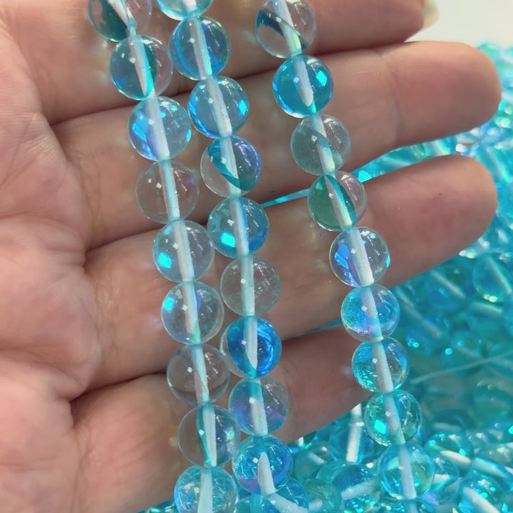 Aurora Borealis Aqua Blue Mermaid Beads – Iridescent Hydrothermal Quartz Round Beads 8mm, Approx 47 Beads per Strand