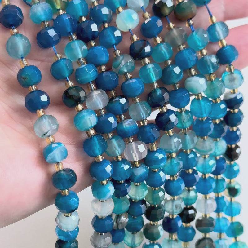 Blue Banded Agate Faceted Rondelle Beads – 8x6mm, Sold by Strand