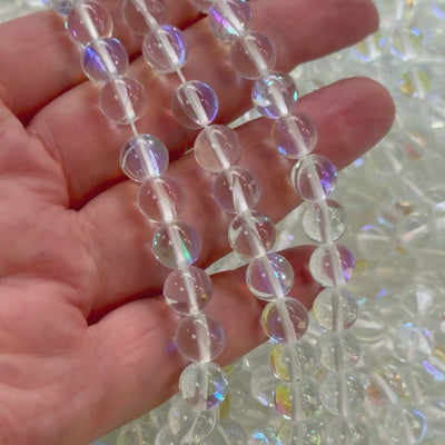 Aurora Borealis Crystal Mermaid Beads – Iridescent Round Glass Beads 8mm, 47 Beads per Strand