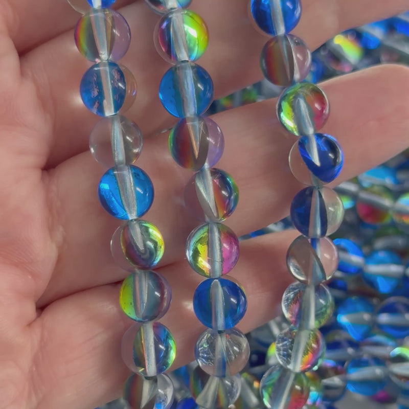 Aurora Borealis Dark Blue Mermaid Beads – Iridescent Round Glass Beads 8mm, 47 Beads per Strand
