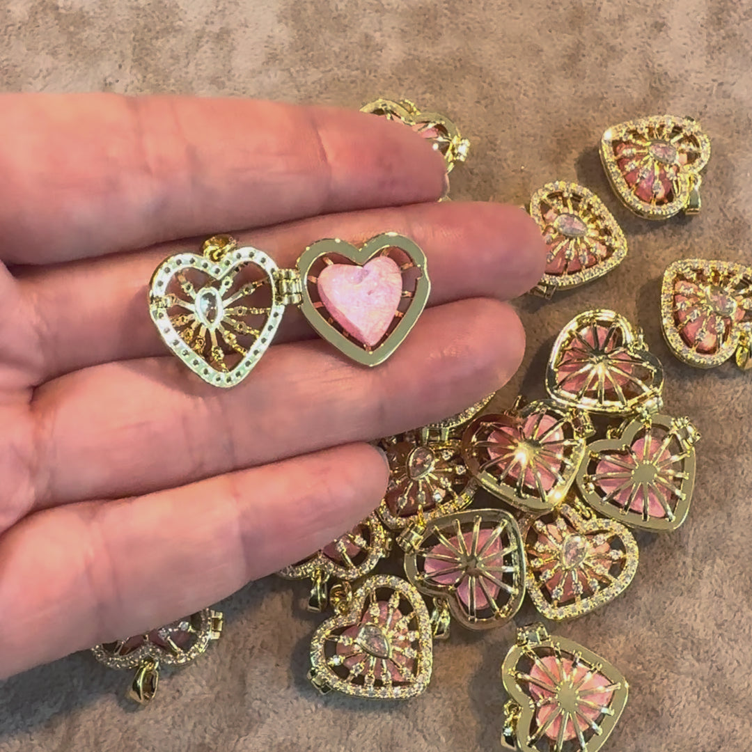 Heartburst Hinged Locket Charm – Gold-Plated Heart Pendant with CZ (24×20mm)
