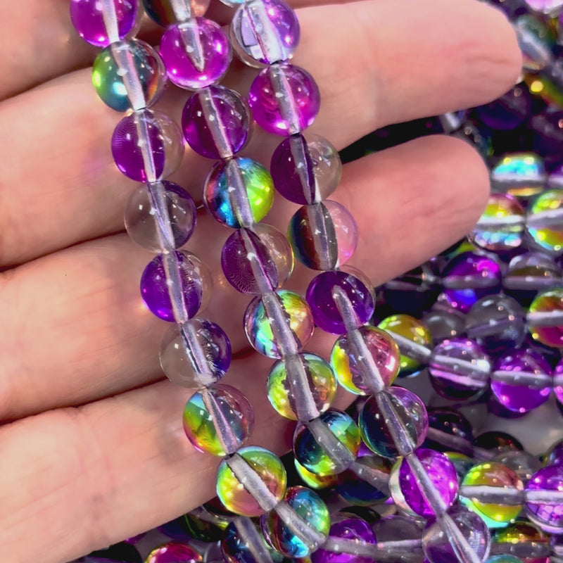 Aurora Borealis Purple Mermaid Beads – Iridescent Round Glass Beads 8mm, 47 Beads per Strand
