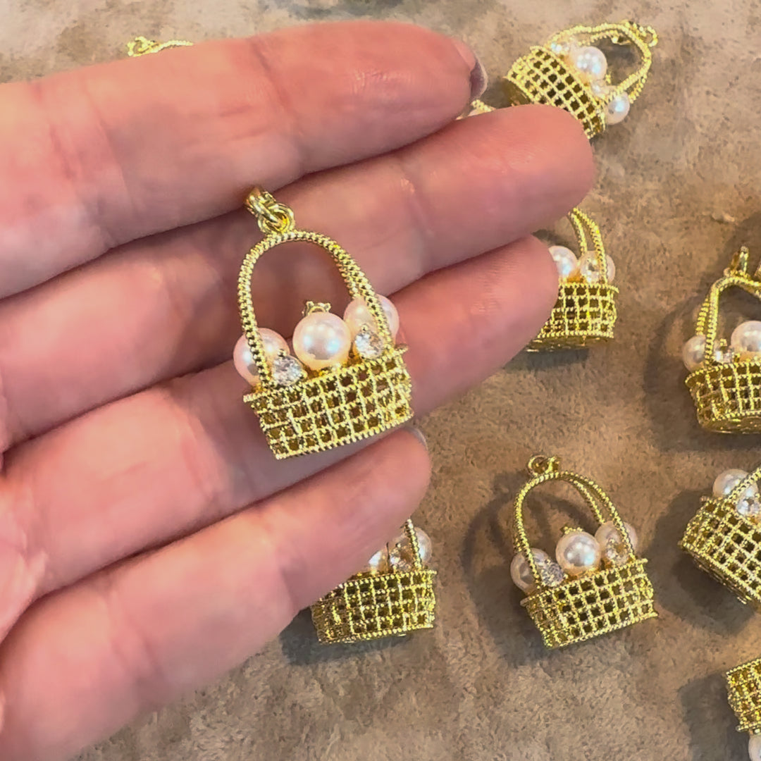 24K Gold Plated Brass Pearl Basket Charm – 3D