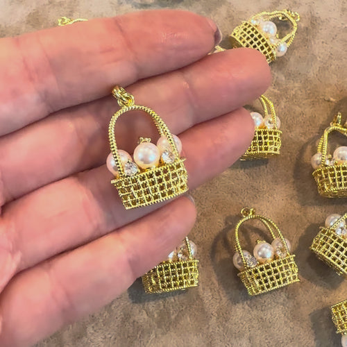 24K Gold Plated Brass Pearl Basket Charm – 3D