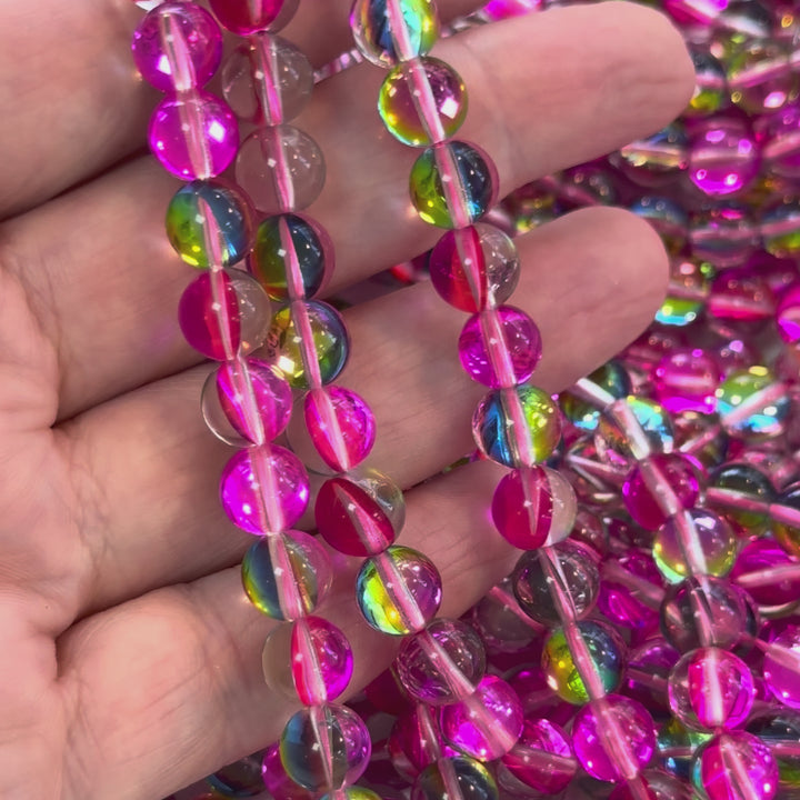 Aurora Borealis Pink Mermaid Beads – Iridescent Round Glass Beads 8mm, 47 Beads per Strand