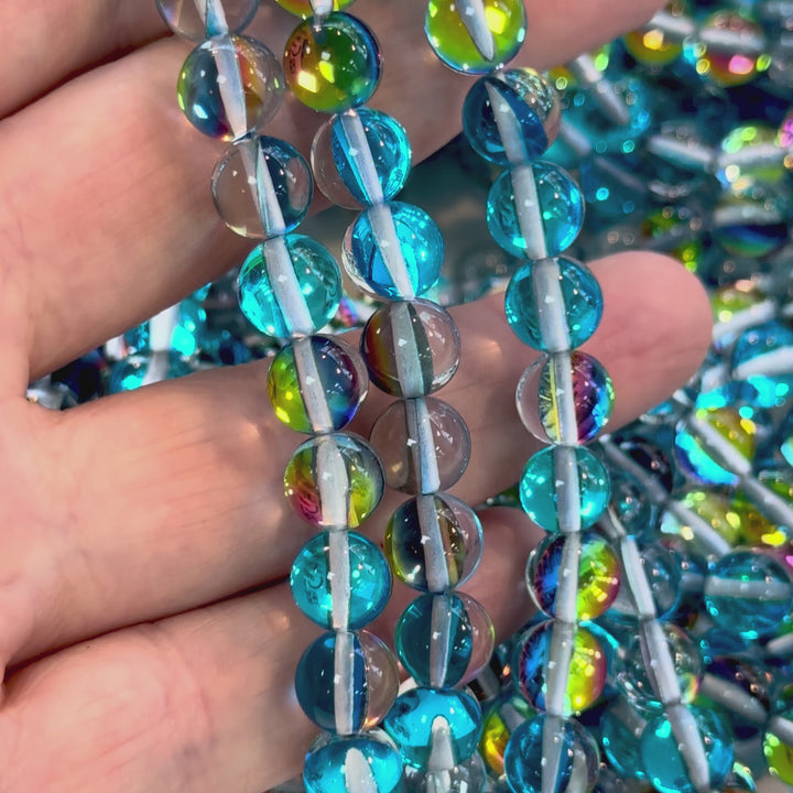 Aurora Borealis Blue Mermaid Beads – Iridescent Round Glass Beads 8mm, 47 Beads per Strand