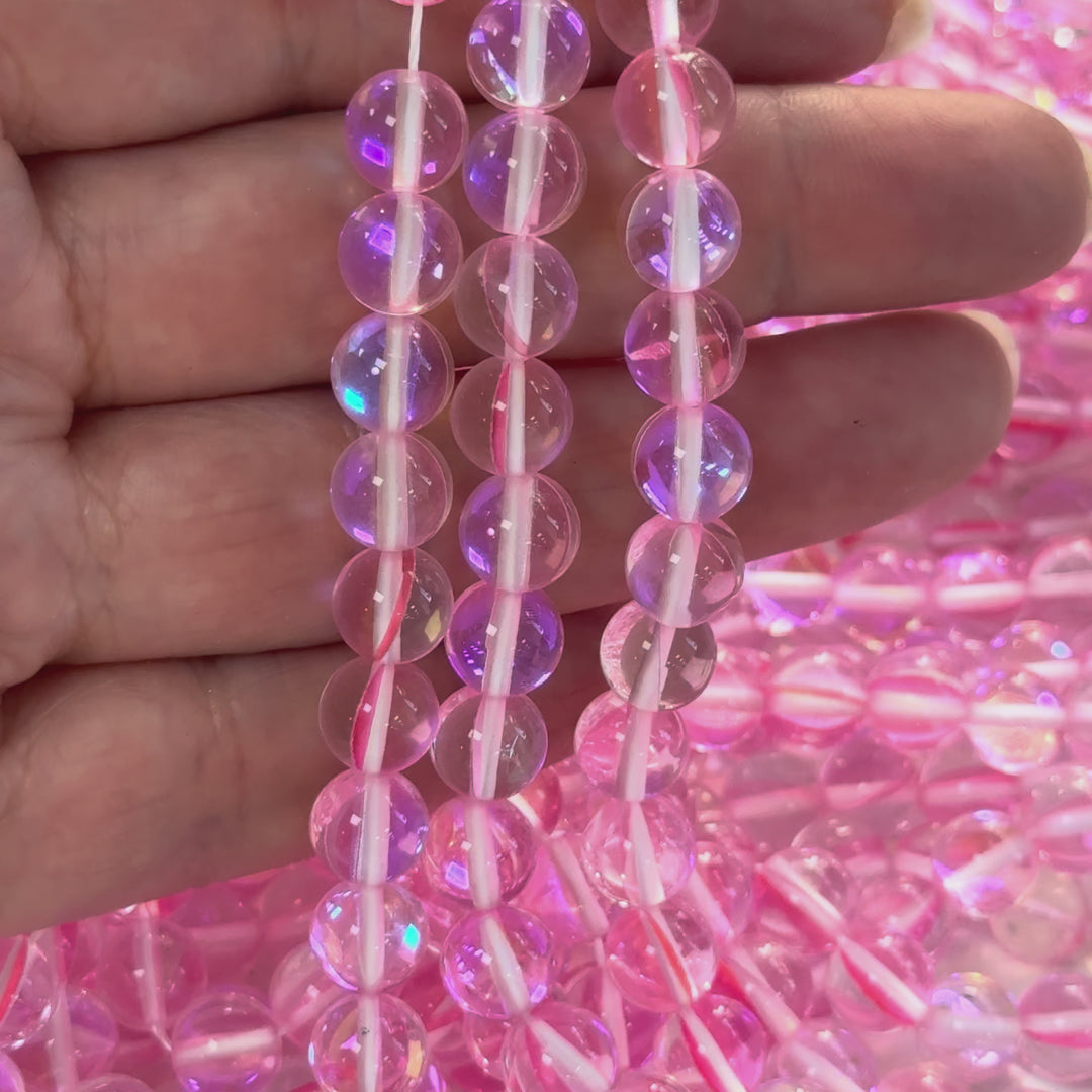 Aurora Borealis Light Pink Mermaid Beads – Iridescent Hydrothermal Quartz Round Beads 8mm, Approx 47 Beads per Strand