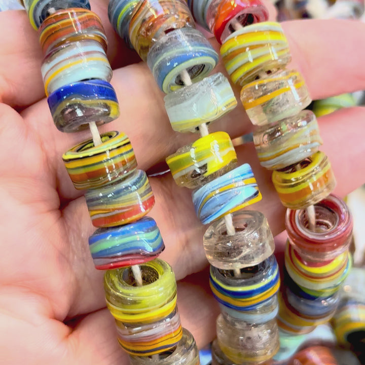 Turkish Artisan Hand Made Marbled Glass Large Ring Beads, 25 Beads in a pack