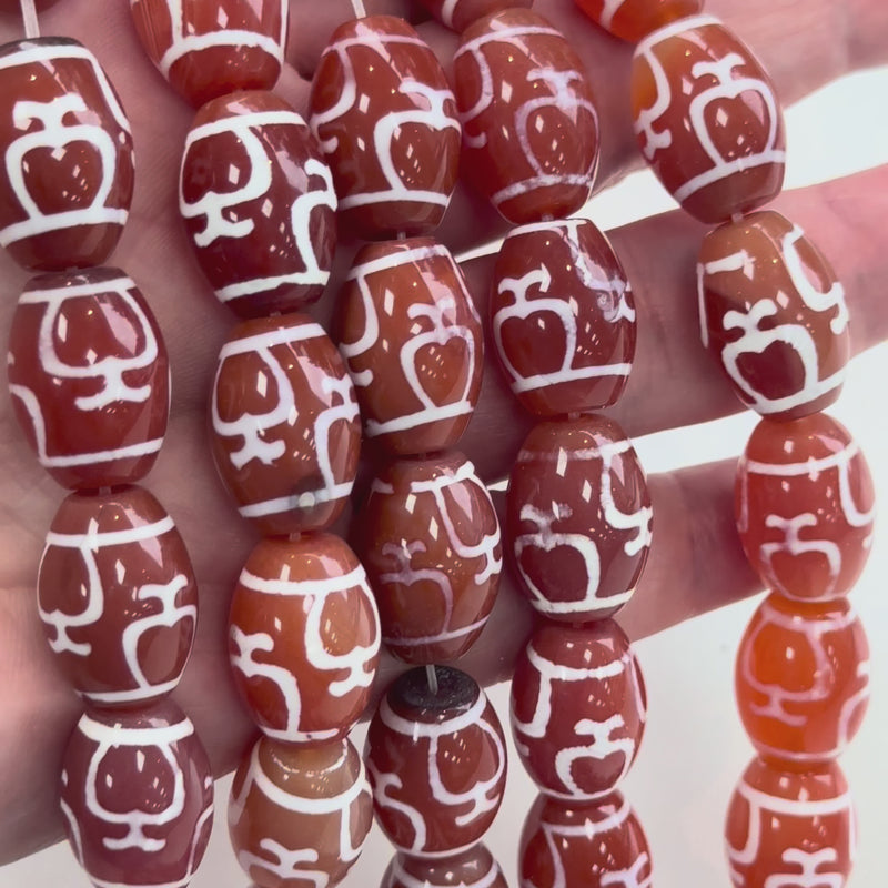 Tibetan Style Red & White Carnelian Agate Dzi Beads – Symbol Motif Oval Beads – 5pcs Pack