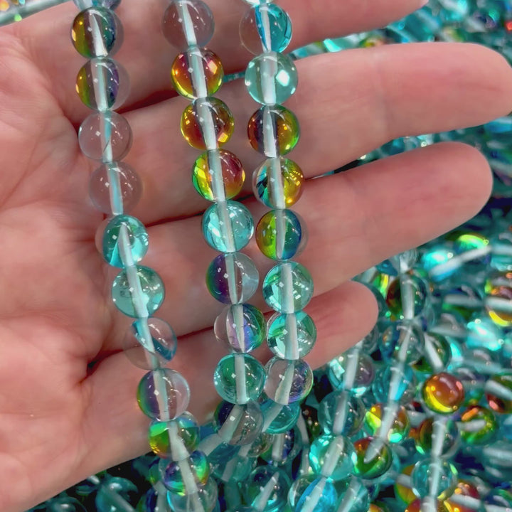 Aurora Borealis Aqua Mermaid Beads – Iridescent Round Glass Beads 8mm, 47 Beads per Strand