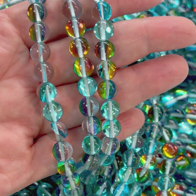 Aurora Borealis Aqua Mermaid Beads – Iridescent Round Glass Beads 8mm, 47 Beads per Strand