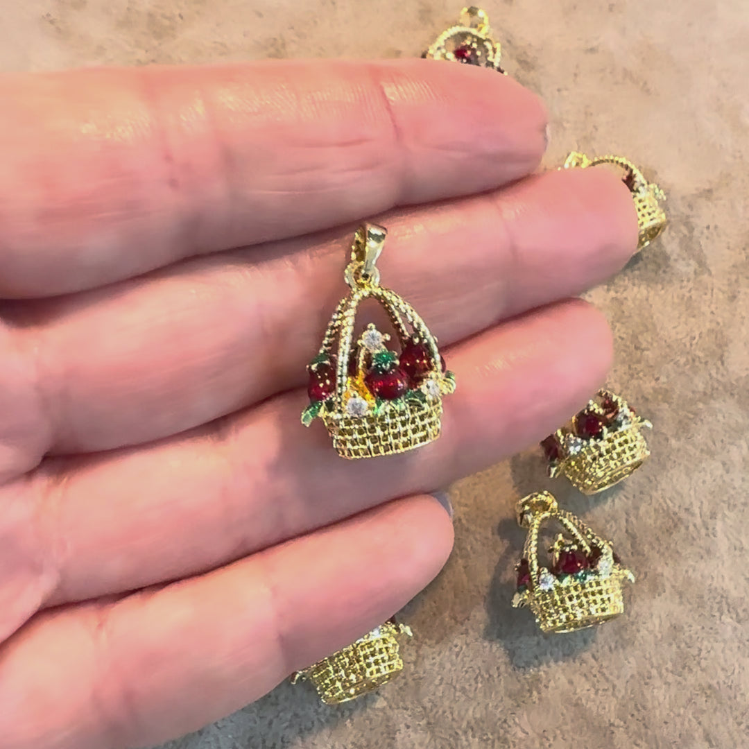 24K Gold Plated Brass Pomegranate Basket Charm – 3D