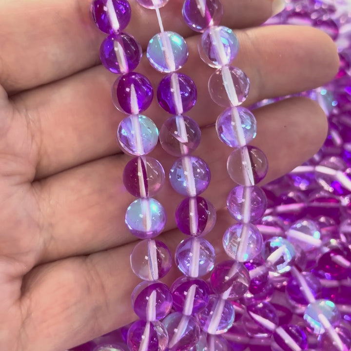 Aurora Borealis Purple Mermaid Beads – Iridescent Hydrothermal Quartz Round Beads 8mm, Approx 47 Beads per Strand