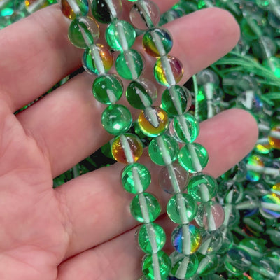 Aurora Borealis Green Mermaid Beads – Iridescent Round Glass Beads 8mm, 47 Beads per Strand