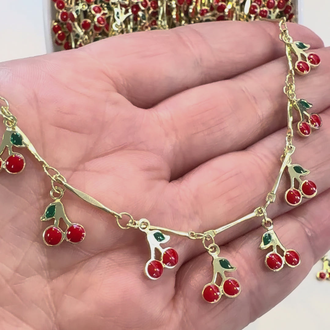 24K Gold Plated Brass Bar &amp; Cherry Charm Chain – Enamel Cherry Link Chain