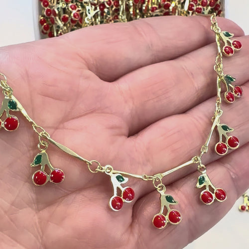 24K Gold Plated Brass Bar & Cherry Charm Chain – Enamel Cherry Link Chain
