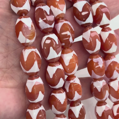 Tibetan Style Red & White Carnelian Agate Dzi Oval Beads – 5 Pcs, 18x12mm, 1.5mm Hole
