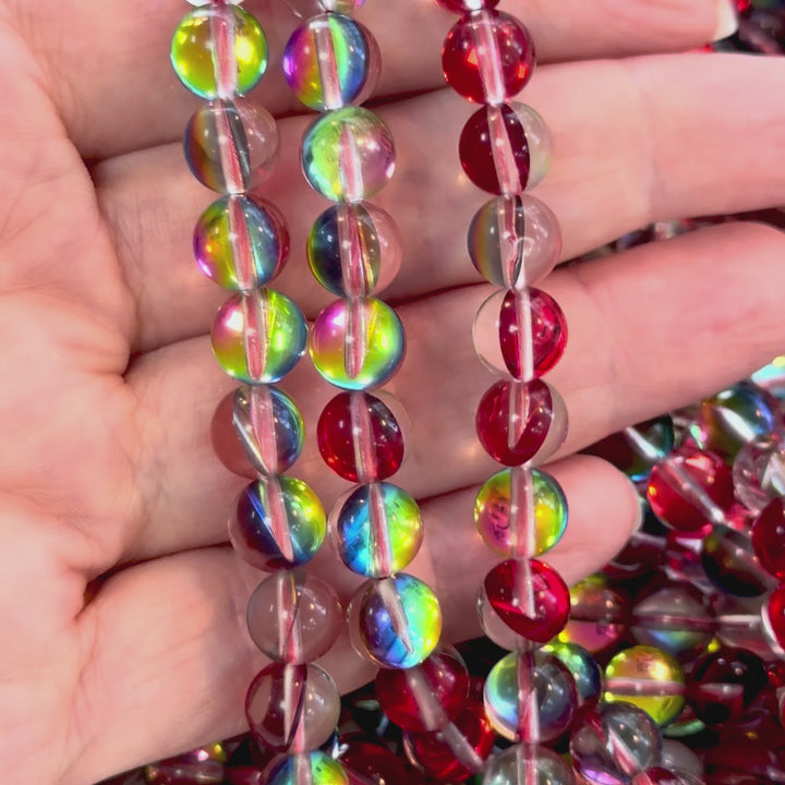 Aurora Borealis Red Mermaid Beads – Iridescent Round Glass Beads 8mm, 47 Beads per Strand