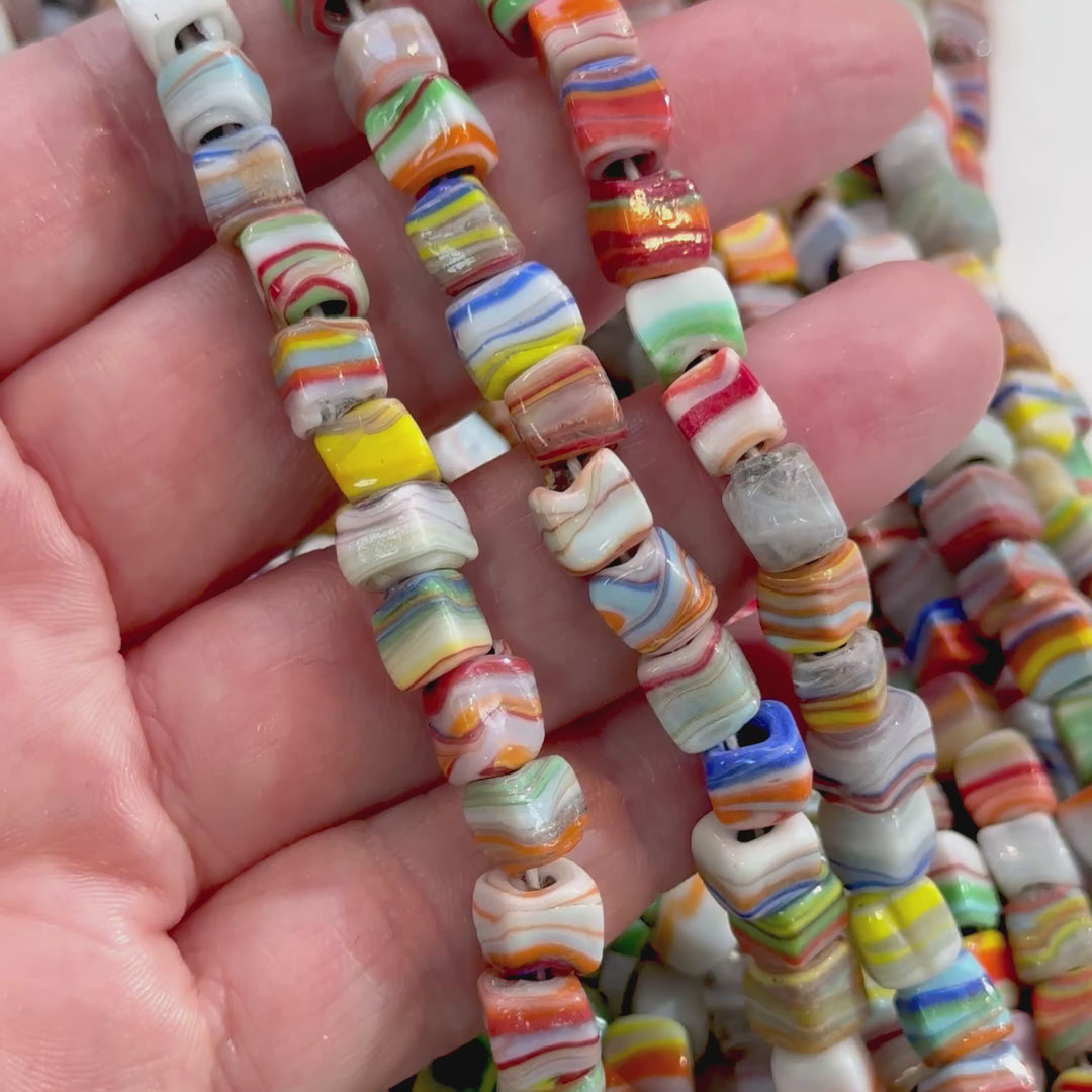 Traditional Turkish Artisan Handmade Cube Glass Beads, Large Hole Glass Beads, 50 Beads in a pack