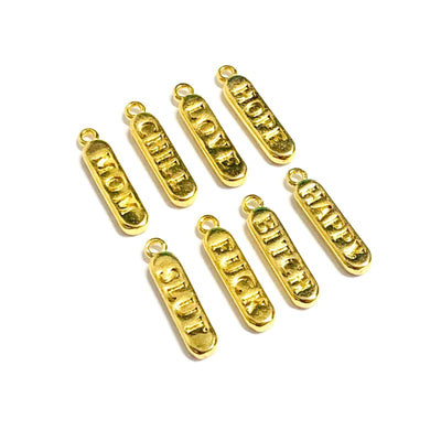 24Kt Shiny Gold Plated Brass Pill Bar Words Pendant, Words Charms, Love, Chill, Hope,Happy, Mom Charms