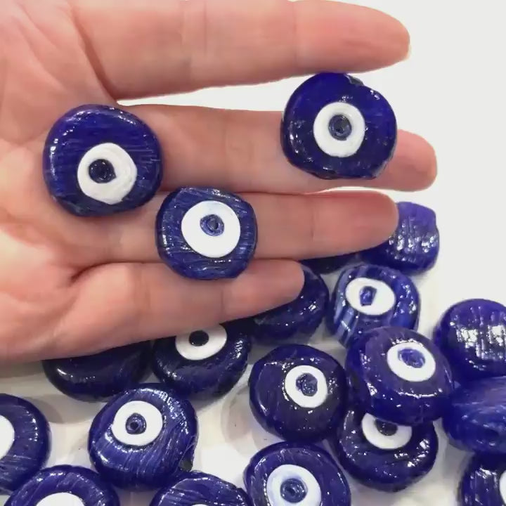 Traditional Turkish Artisan Handmade Glass Navy Evil Eye Beads, Large Hole Evil Eye Glass Beads, 5 Beads per pack