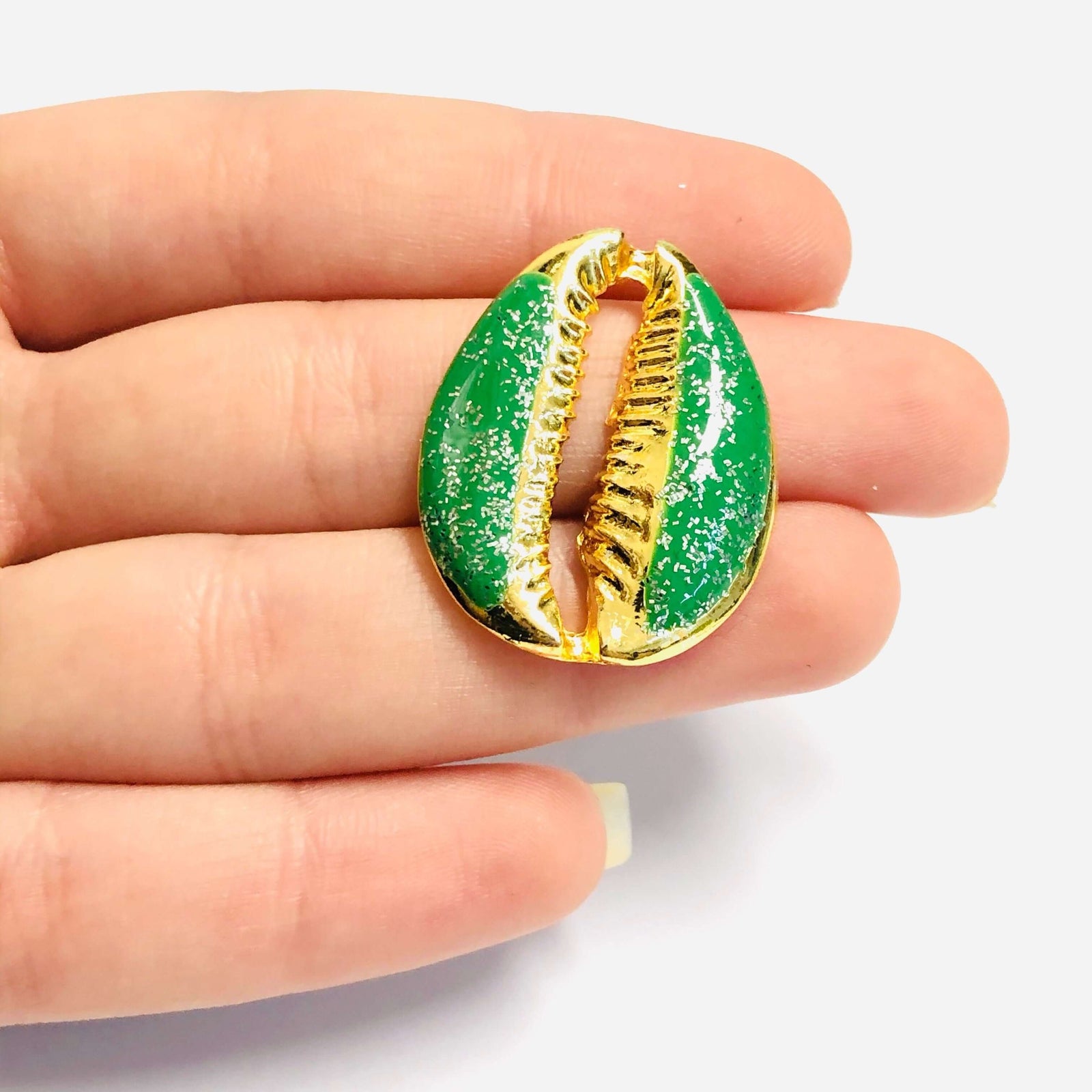 24Kt Gold Plated Brass Glitter Green Enamelled Cowrie Charm, 30x24mm