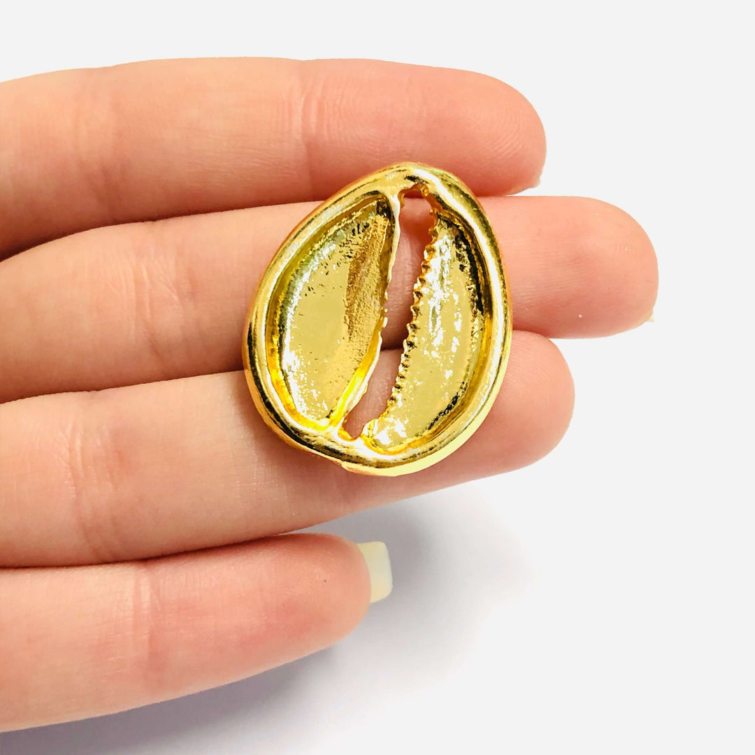 24Kt Gold Plated Brass Glitter Green Enamelled Cowrie Charm, 30x24mm