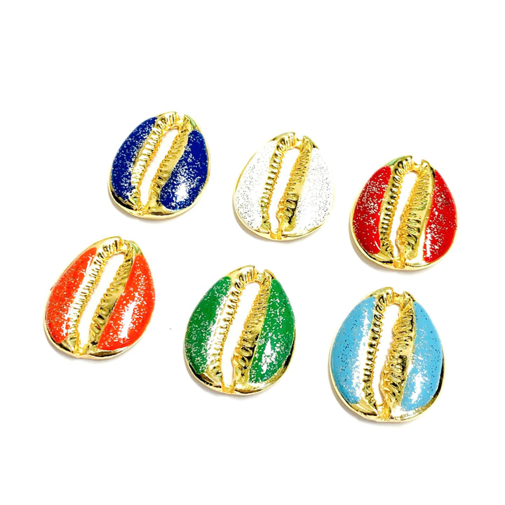 24Kt Gold Plated Brass Glitter Red Enamelled Cowrie Charm, 30x24mm