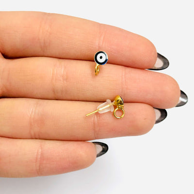 24Kt Gold Plated 5.5mm Evil Eye Ball Post Earring, Ball Stud Earring With Loop, 2 Pcs in a Pack