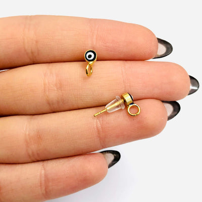 24Kt Gold Plated 4.5mm Evil Eye Ball Post Earring, Ball Stud Earring With Loop, 2 Pcs in a Pack