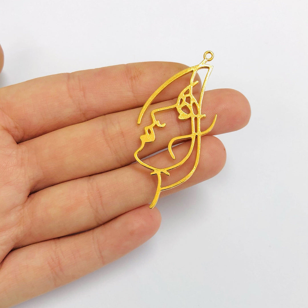 Face Outline 24Kt Gold Plated Brass Charm, Abstract Face Pendant, 1 pcs in a pack