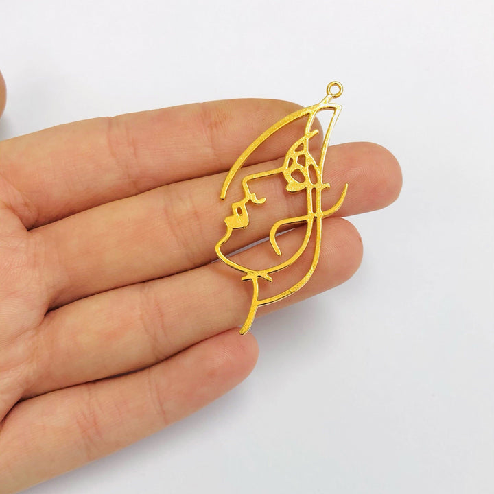 Face Outline 24Kt Gold Plated Brass Charm, Abstract Face Pendant, 1 pcs in a pack